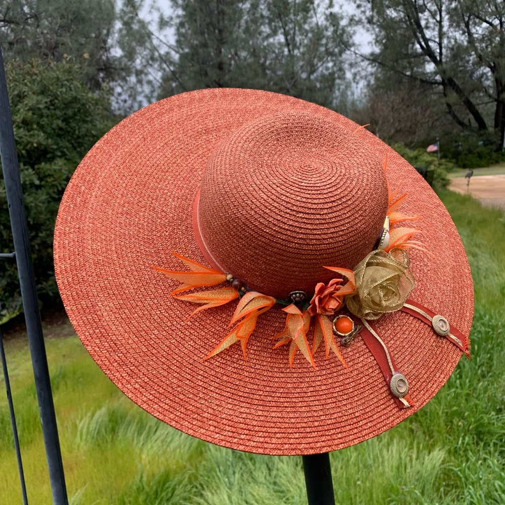 Kreativekristen upcycled Orange wide brim straw Hat with Floral Accents - Picture 8 of 12